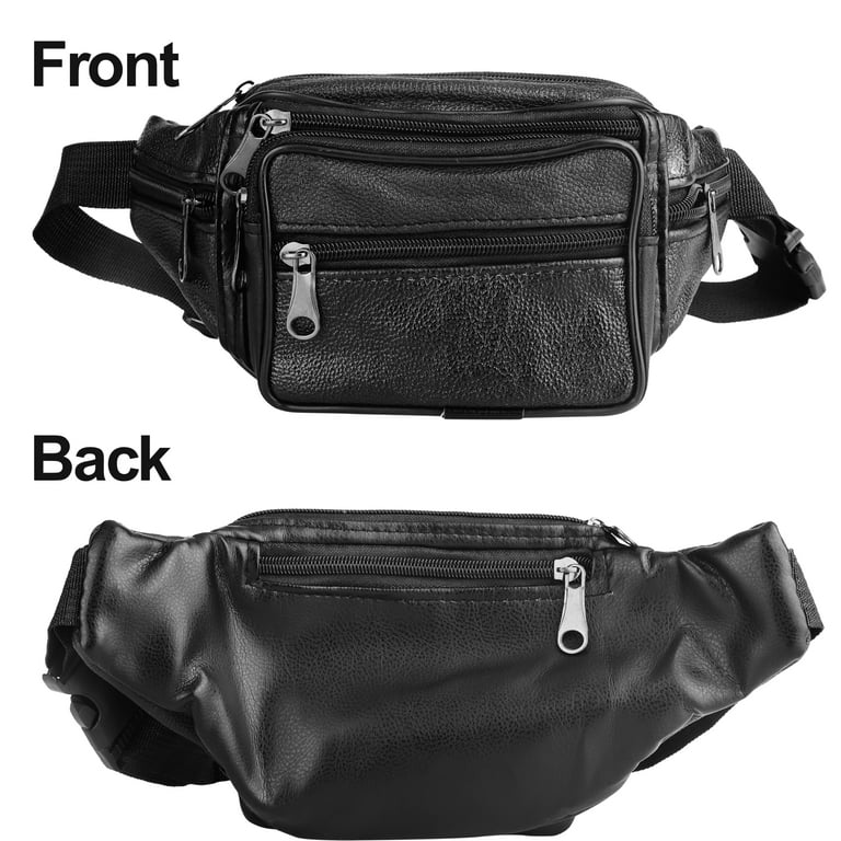 Leather Fanny Pack, TSV Waterproof Cell Phone Waist Bag with 7 Zipper  Pockets for Men Women, Adjustable Bum Packs, Black 