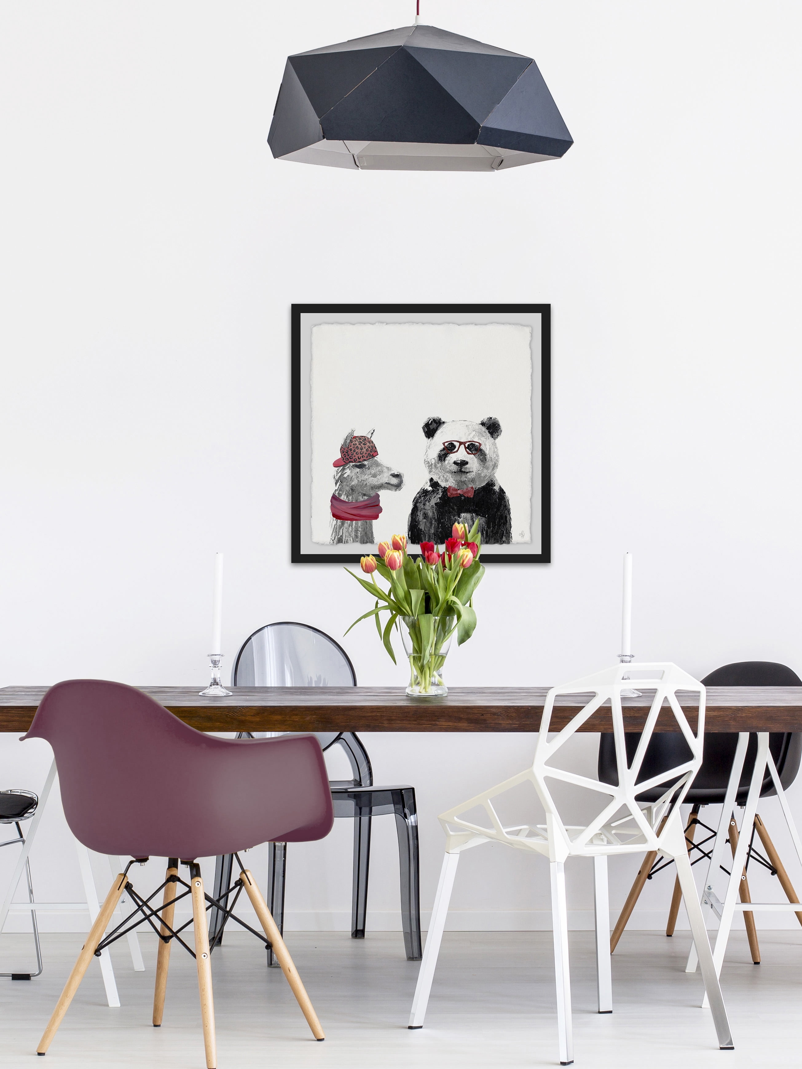Panda And Llama In Pink Framed Painting Art Print, 18.00" x 1.50"