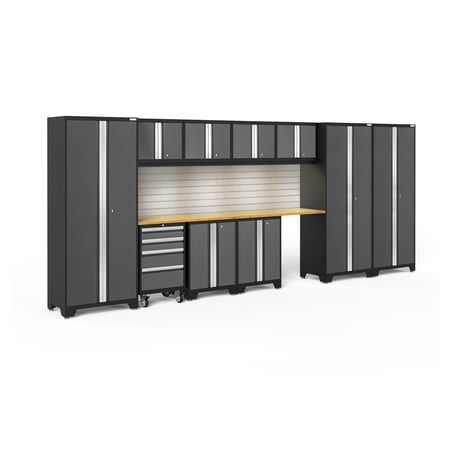 NewAge Products Bold Series Gray 12 Piece Cabinet Set, Heavy Duty 24-Gauge Steel Garage Storage System, Slatwall / LED Lights Included