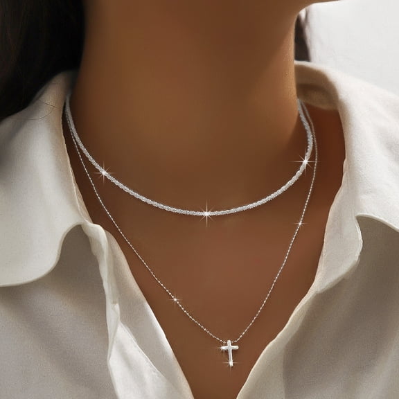 925 Sterling Silver Dainty Layered Necklace for Women – Tiny Cross Pendant Jewelry Gift