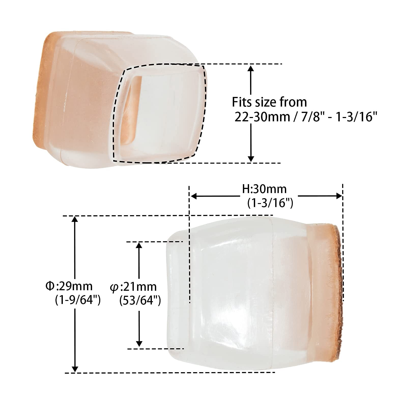 Flyshop Soft TPR Rubber Leg Tips with Felt Square Chair Leg Caps Furniture Floor Protectors, Small, 7/8" to 1-3/16" (22 to 30 mm), Transparent, 10PCS