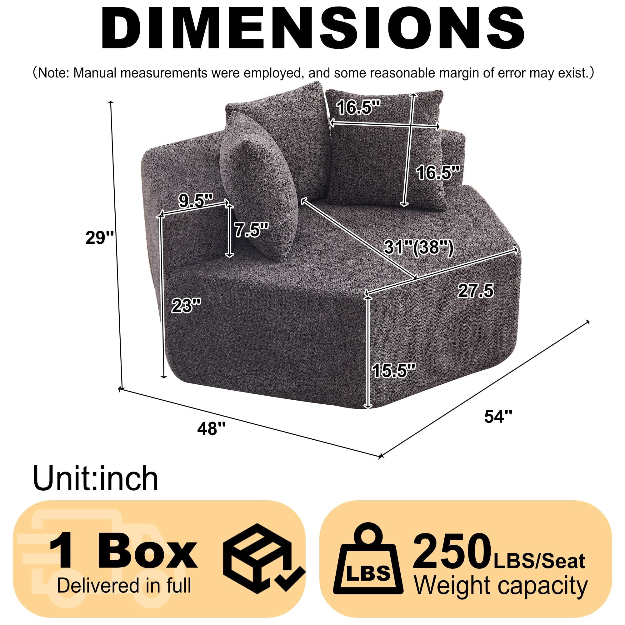 Sailvan 2PCS 54" Modern Hexagonal Modular Lounge Chair, Chenille Circular Sofa with Pillows, Modular Seating for Living Room & Bedroom Grey
