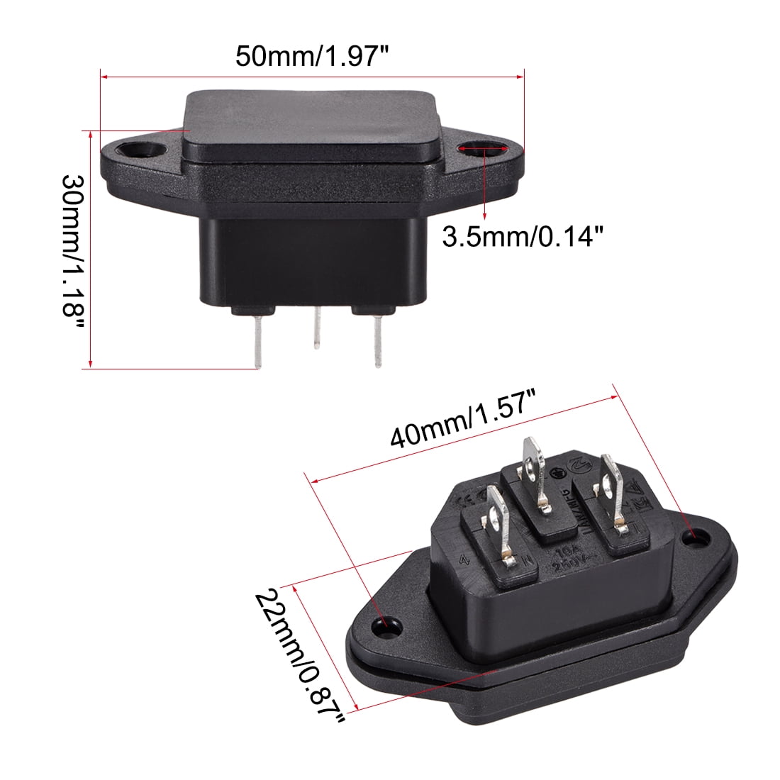 5-Pack C14 Panel Mount AC Inlet Sockets - 250V 10A, 3-Pin Straight Plug (IEC 320 C14)