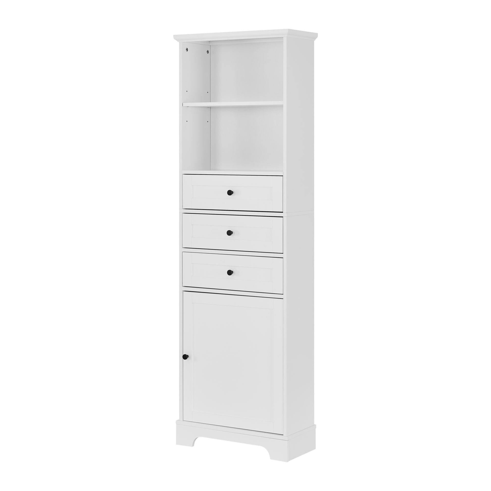 DEALTOPS Tall Storage Cabinet with 3 Drawers and Open Storage for Living Room, Bathroom, White