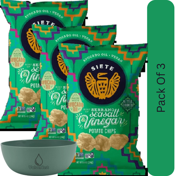 Siete Sea Salt Kettle Cooked Potato Chips, Classic Crunch Snack, 5.5 oz Bag With Olive Green Bowl By ValueNest