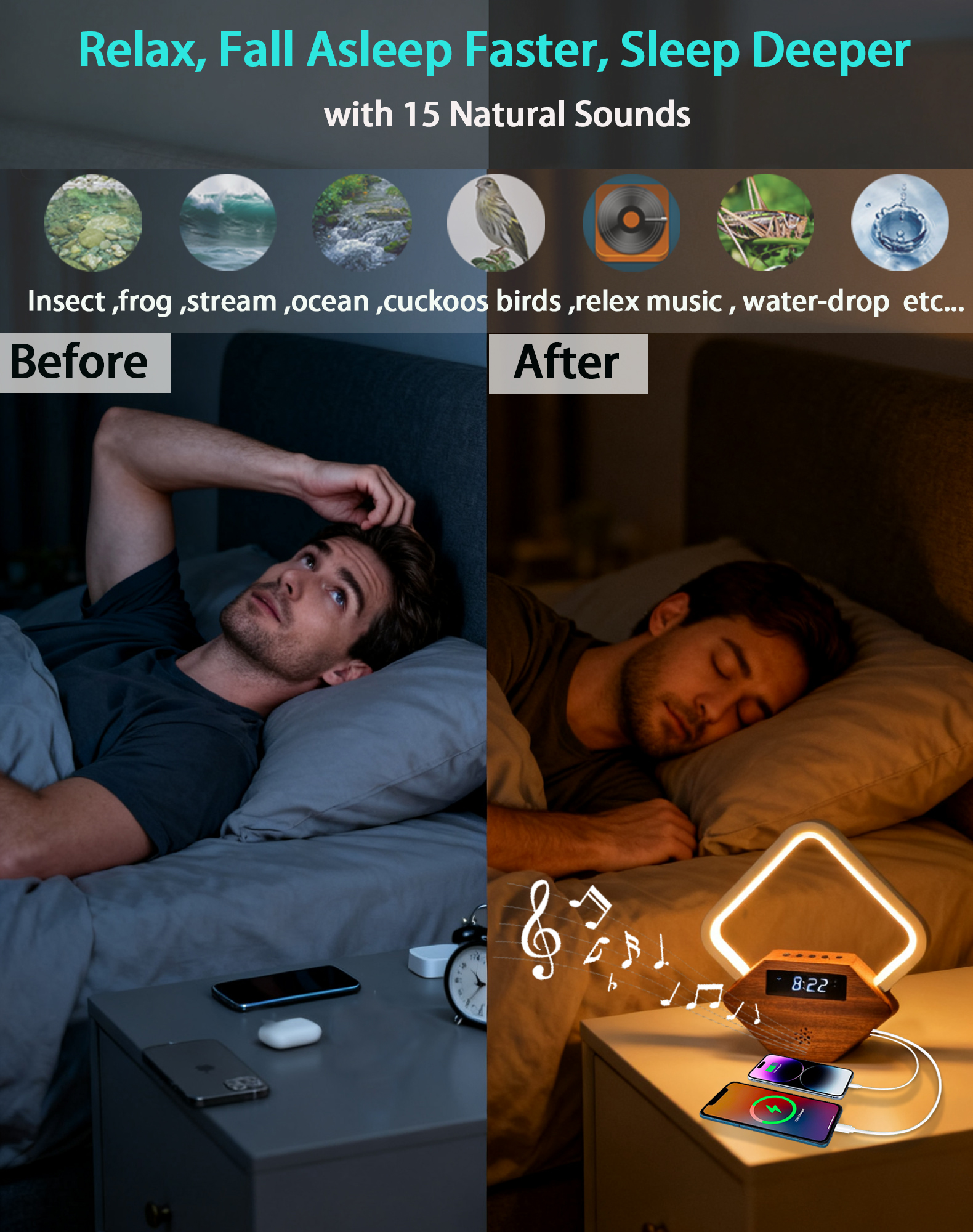 Sunrise Alarm Clock with White Noise Sound Machine, Wake Up Light for Bedrooms Heavy Sleepers Adults,Rain Thunderstorm Ocean Sleep Sounds,Bedside Lamps with Fast Charger USB C,Gift for Kid Baby