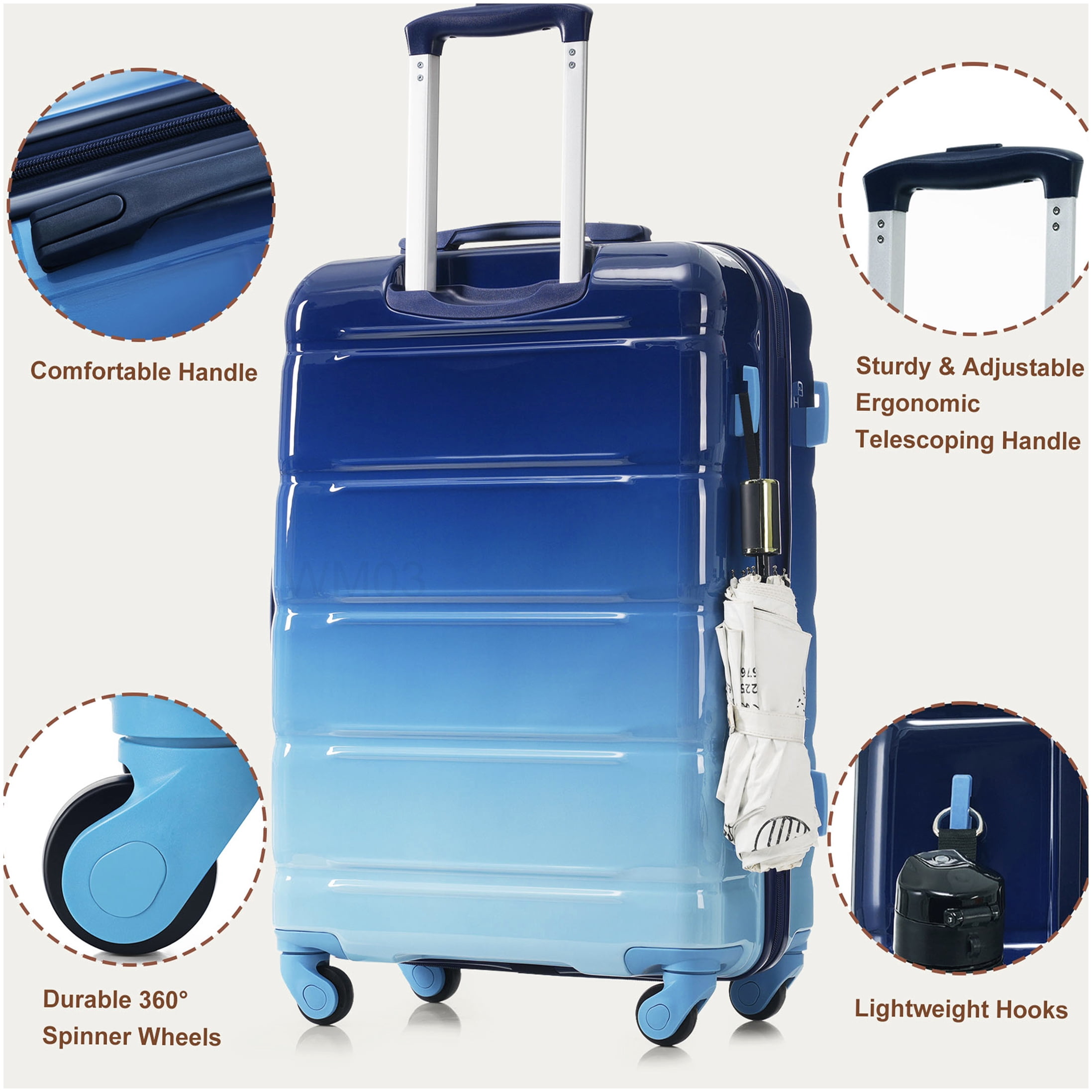 ABS+PC 3-Piece Spinner Luggage Set in Blue, 20" Carry-On with USB Charging Port, 360° Wheels