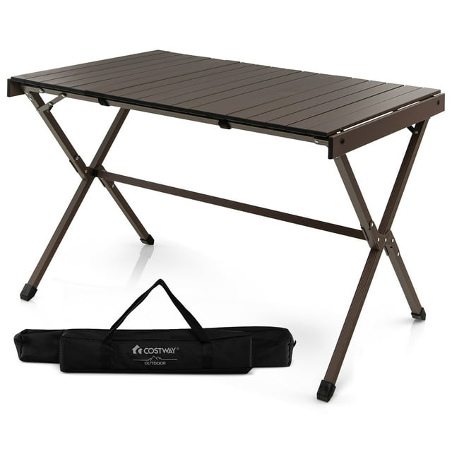 Costway Table de Camping Portable en Aluminium pour 4-6 Personnes, Légère, Enroulable, Marron