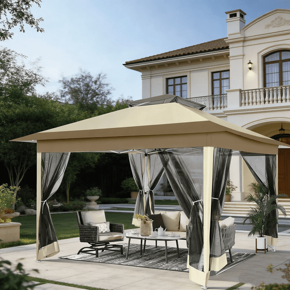COBIZI 12x12 Pop up Gazebo Outdoor Canopy Gazebo Patio Gazebo with Mosquito Netting Canopy Shelter with 121 Square feet of Shade for Poolside, Garden, Party and Backyard, Khaki