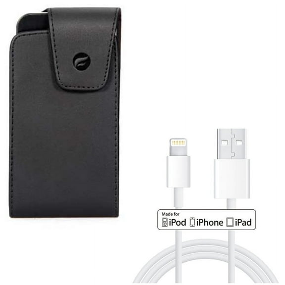 MFi USB Cable w Case Belt Clip for iPhone XS/X - 3ft Certified Charger Cord Power Wire, Leather Swivel Holster Vertical Cover for iPhone XS/X