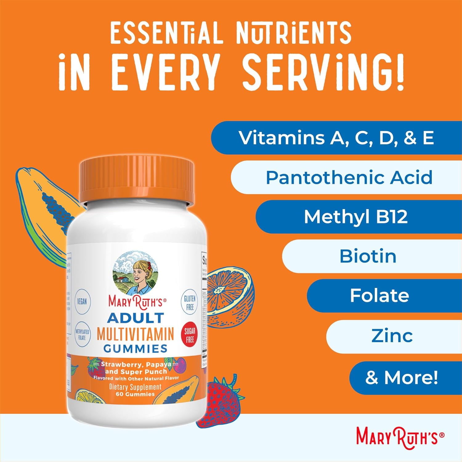 MaryRuth's Vegan Adult Multivitamin Gummies with Immune Support, Sugar-Free, 60 Count