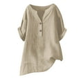 thumbnail image 3 of Daznico Women's Linen Blend Henley Tunic, Oversized Short Sleeve Casual Top with Asymmetric Hem,3XL, 3 of 3