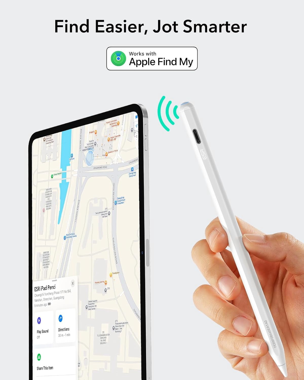 ESR Geo Digital Pencil Compatible with Apple iPad 2018-2026 (A16/10/9/8, Air 13/11, Pro 12.9/13/11, Mini 7/6/5), Find My & Easy Shortcuts, White (No Wireless Charging)