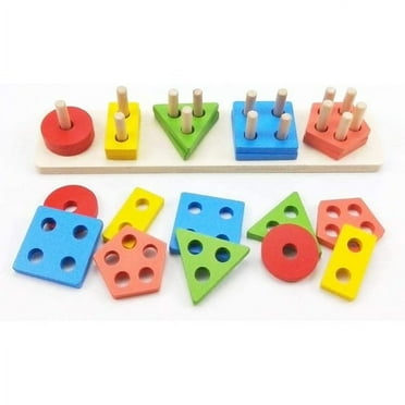 AMERTEER Wooden Educational Preschool Toddler Toys For 1 2 3 4 5 Year Old Boys Girls Shape Color Recognition Geometric Board Blocks Stack Sort Chunky Puzzles Kids Children Baby Nontoxic Toy