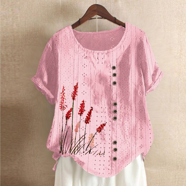 Shorts pour Femmes, Blouses pour Femmes, Mode Féminine Imprimée Confortable Ample Manches Courtes Blouse Boutonnée Col Rond Décontracté