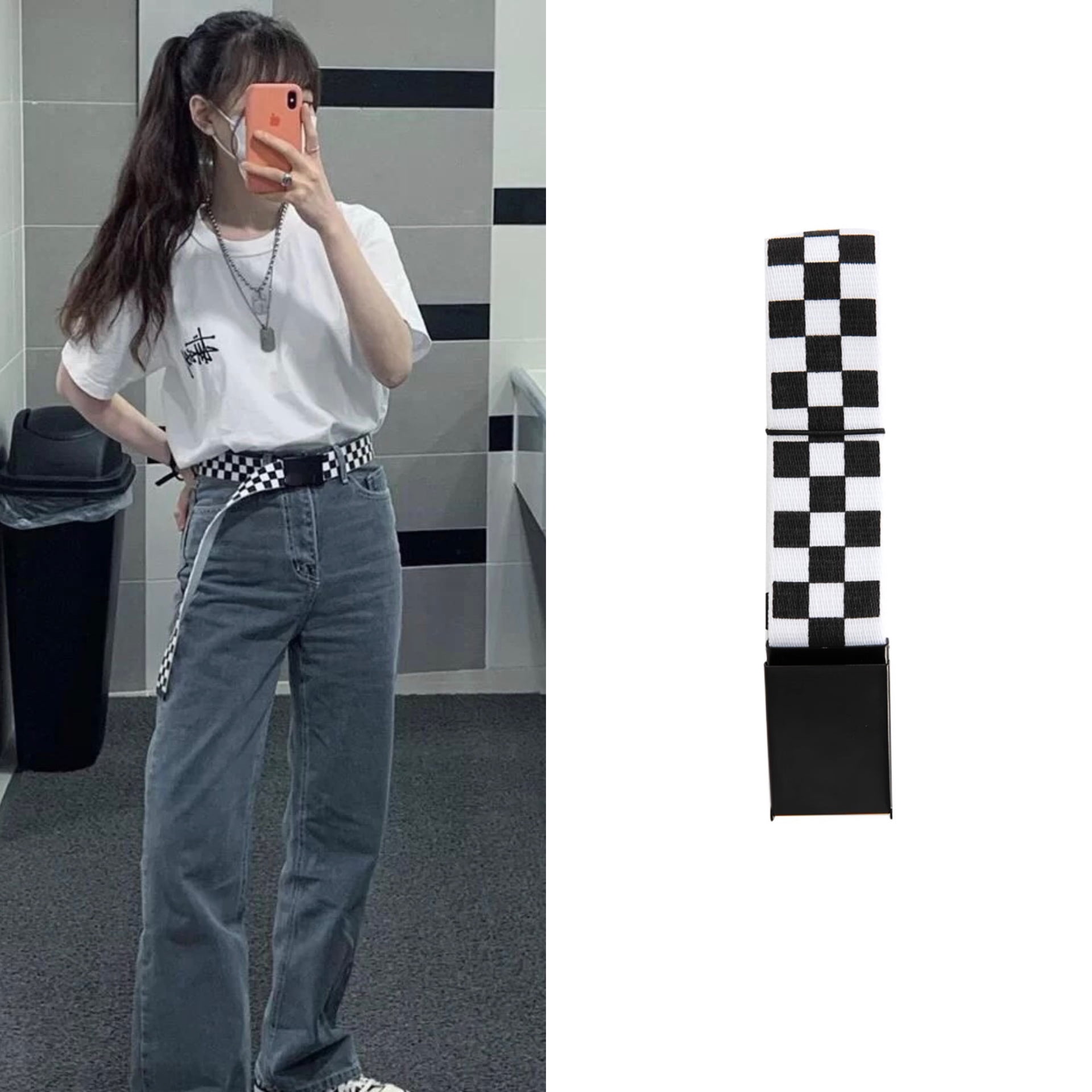 Hweilai Ceinture a Carreaux Noir et Blanc a Carreaux