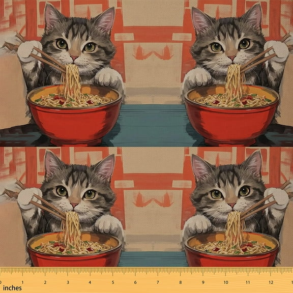 Feelyou Teens Cartoon Animal Fabric by the Yard 1 Yard, Cute Cat Kitten Home Decor Fabric by the Yard, Japanese Ramen Sewing Fabric, Breathable Home Decor