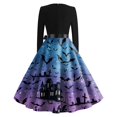 thumbnail image 5 of Halloween Dresses for Women Spider Bat Long Sleeve Hepburn 1950s Fall Tea Length Dress V Neck Cocktail Vintage Retro Dresses with Belt 4XL, 5 of 5
