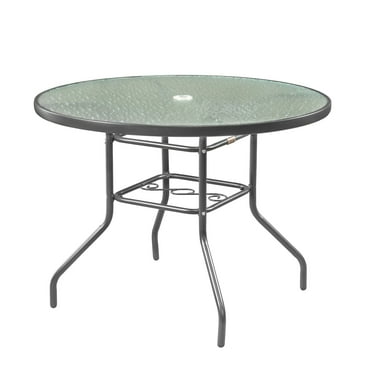 Garden Elements Outdoor Patio Furniture, Round Dining Table, Steel Base and Rim with Waterwave Glass Top, Gray, 40"