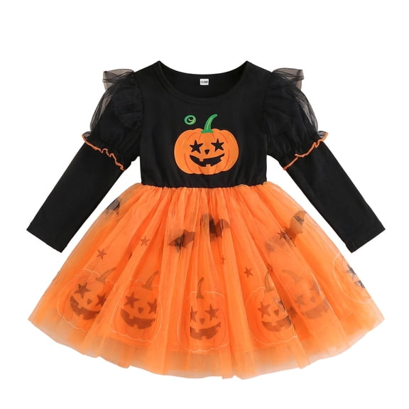OJSFQUFP Girls Skirt Halloween Girl Dress Pumpkin Print Long Sleeve Sweet Performance Puff Dress