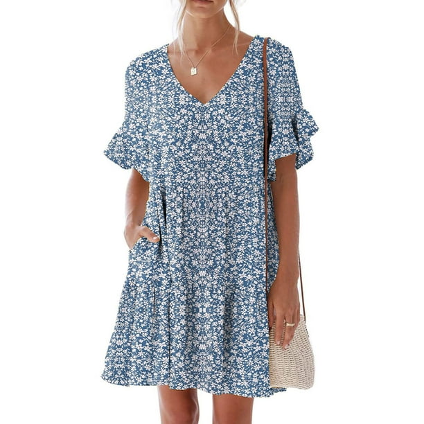 Summer Dress for Women Plus Size Ruffled Short Sleeve Floral Print