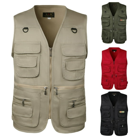 Hinvhai Men's Casual Lightweight Outdoor Fishing Work Safari Travel Photo Cargo Vest Jacket Multi Pockets Red 18(XXXXXL)