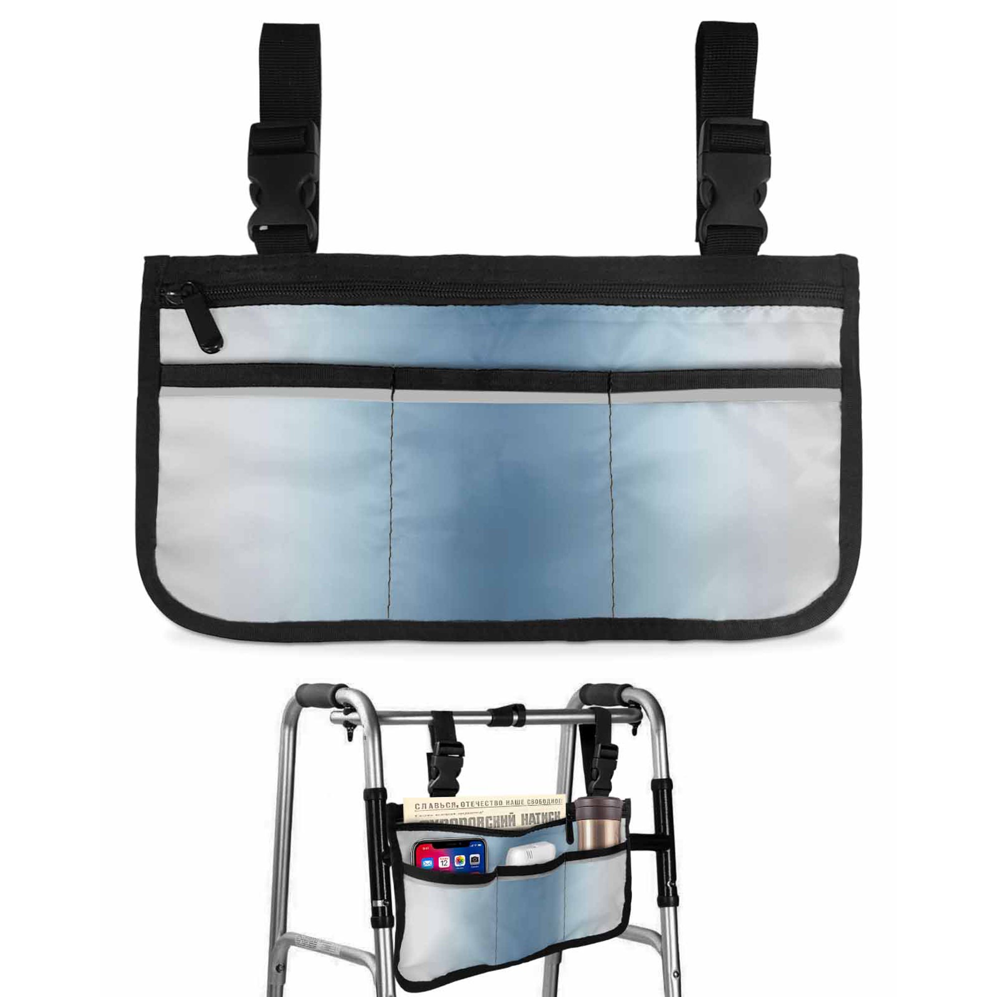 Light Blue Grey Ombre Wheelchair Side Bag Walk Bag Basket, Modern Abstract Art Gradient Wheelchair Accessories Armrest Pouch, Organizer Storage Bags for Walkers, Rollators, Scooters, 7.3"x13"