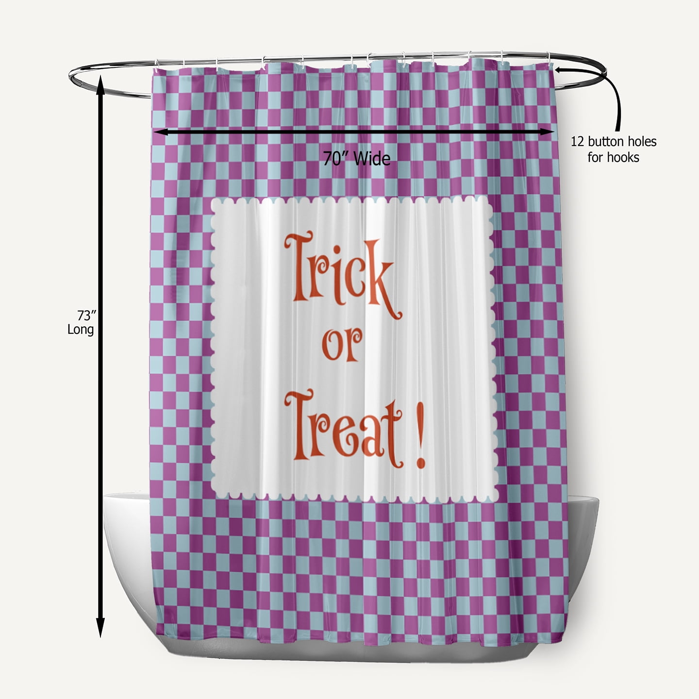 Simply Daisy 70" W x 73" L Halloween Trick or Treat Checks Polyester Shower Curtain, Orchid [1 Ct]
