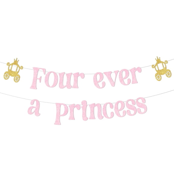 Princess 4th Birthday Party Decorations, Four Ever A Princess Banner Pink Gold for Girls, Princess Themed 4 Years Old Birthday Party Supplies
