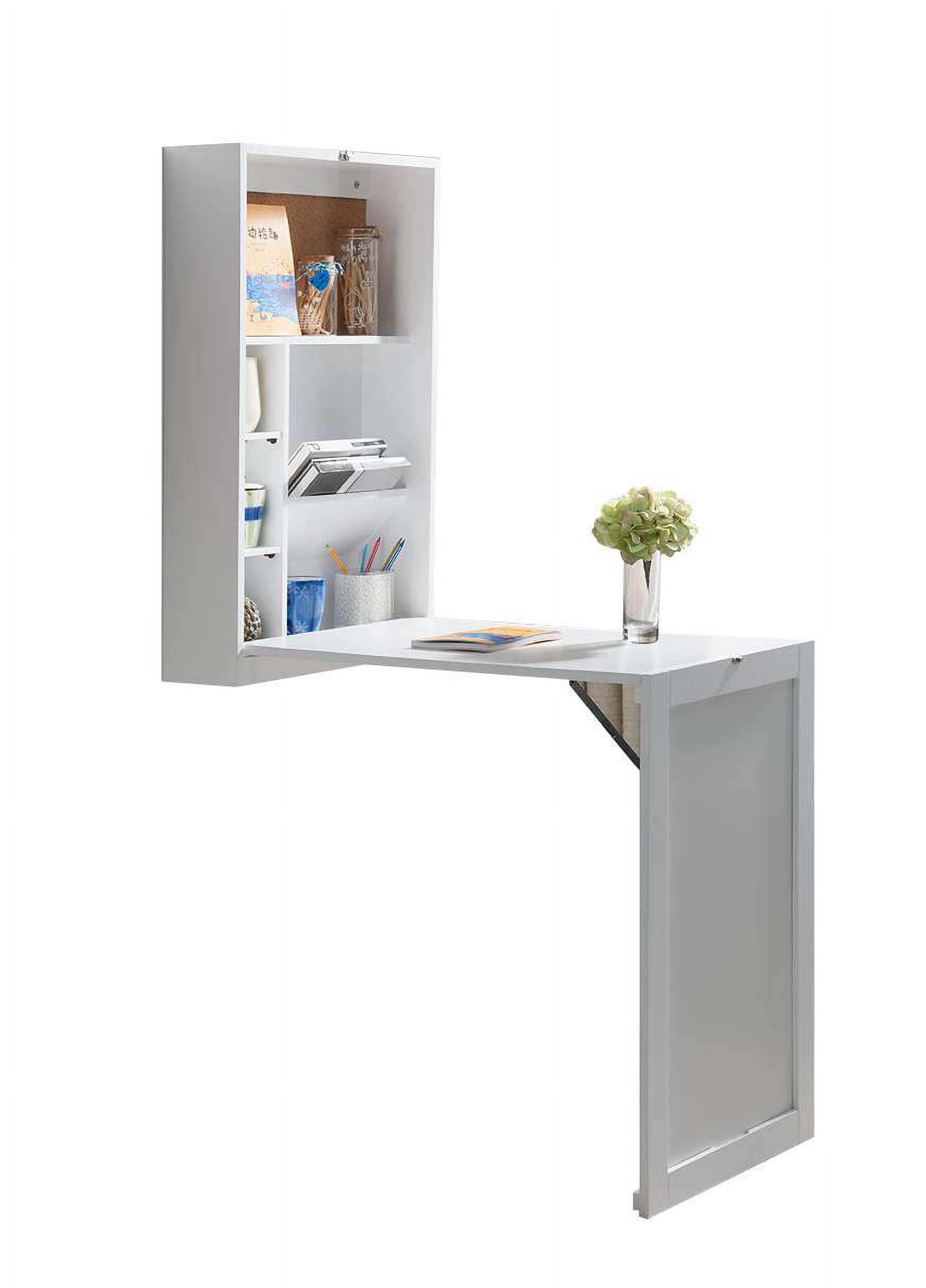 Kings Brand Furniture White Wall-Mounted Fold-Out Writing Desk – Space-Saving Workstation with Storage Shelves