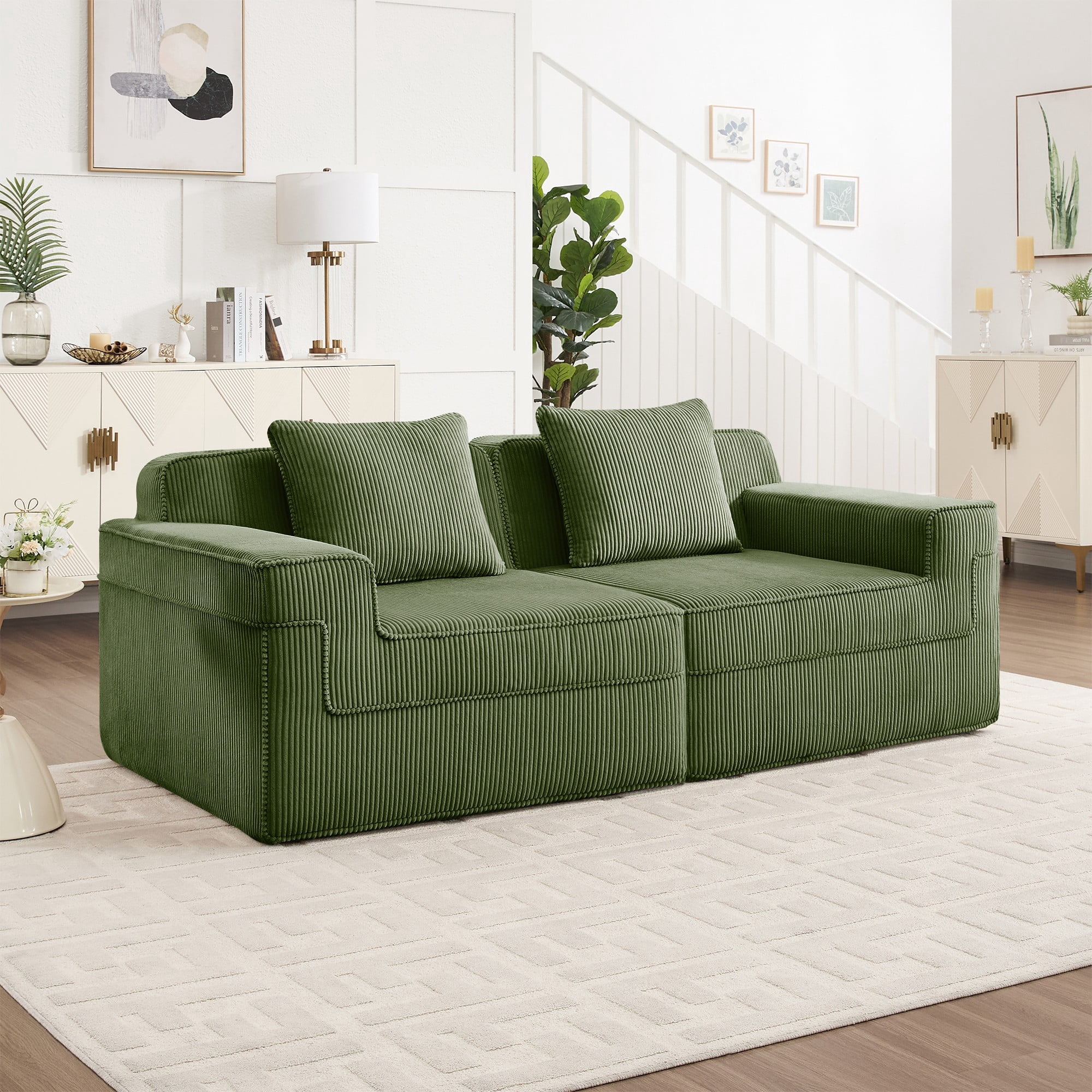 DEALTOPS 81" Modern Corduroy Floor Sofa, Modular 2-Seater Cloud Couch with Deep Seats & 2 Pillows, Green
