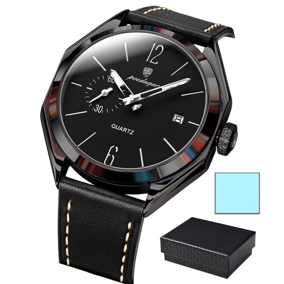 POEDAGAR Men Leather Quartz Watch Fashion Casual Luminous Date Wristwatch Water Resistant Luminous Hands Male Daily Business Clock