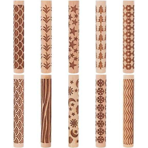 Colorful 10Pcs Wooden Clay Texture Rollers Set for Pottery 10 Styles Ceramics Potters Stamp Roller Tools 102mm Textured Rolling Pins Modeling Pattern Rollers Kit for DIY Handmade Art Supplies
