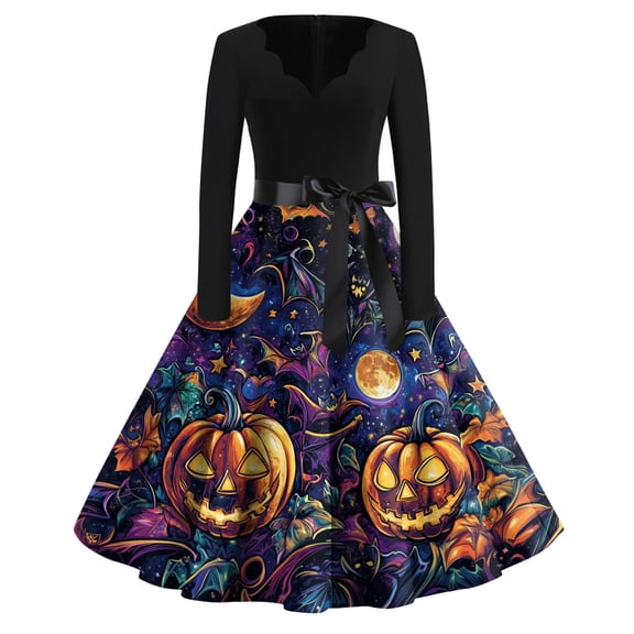 Womens Halloween Hepburn Dresses Castle Spider Webeb Long Sleeve Funny Hepburn Dress Pumpkin Witch Hat Crew Neck Horror Hepburn Dresses, XL