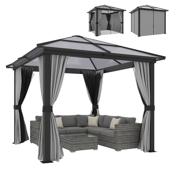 Outsunny 10' x 10' Hardtop Gazebo Canopy with Polycarbonate Roof, Aluminum Frame, Permanent Pavilion Outdoor Gazebo with Netting and Curtains, for Garden, Patio, Backyard