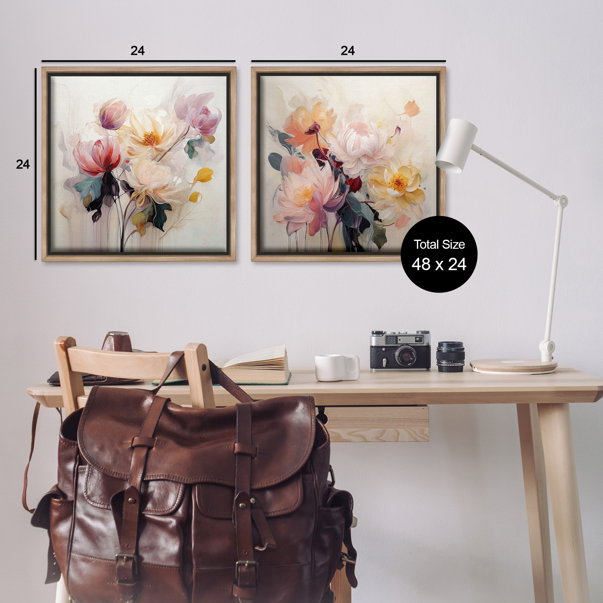 Stupell Industries Soft Blooms on Beige Botanical & Floral Painting Brown Floater Framed Canvas Art Print Wall Art, 25 x 25, Set of 2