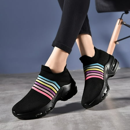 

Breathable Colorful Stripes Knitted Socks Sneakers Comfort Air Cushion High Impact Slip On Socks Running Shoes Women s Footwear