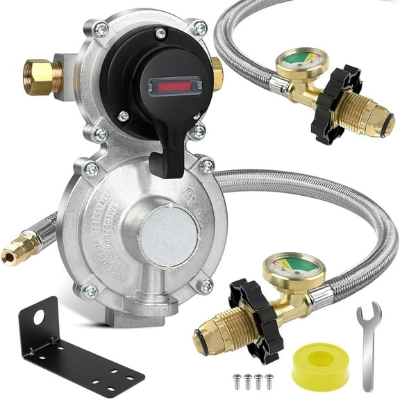 2 Stage Automatic Changeover LP Propane Gas Regulator with 36" RV Pigtail Propane Hoses with Gauge POL Connect 100 lb propane tank regulator 1/4" Inverted Male Flare, Ideal for Trailers and Camper RV