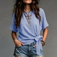 thumbnail image 2 of Women's Gingham Cotton Tops Summer Oversized Crew Neck Bow Tie Waist Blouse Fashion Casual Short Sleeve Daily Wear Shirt Blue, 2 of 5