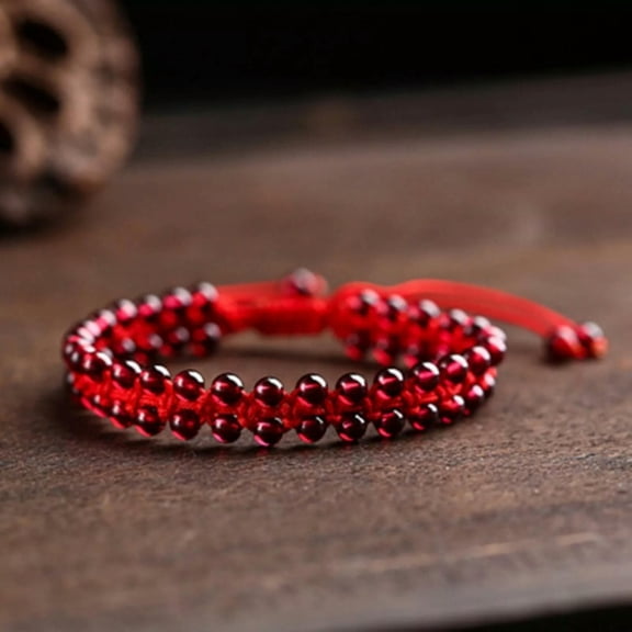 K-KED 2PCS Lucky Garnet Bead Handmade Red String Cord Braided Knitted Bracelet Anklet
