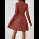 thumbnail image 4 of Vestido Corto de Punto Acanalado de Larga para Mujer, Otoño e Invierno, Cuello en V, Informal, Corte A Rojo Ladrillo L, 4 of 7