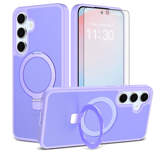 Asuwish Phone Case for Samsung Galaxy S24 FE 5G Tempered Glass Screen Protector Magnetic Folding Stand Frosted Translucent Rugged Shockproof Protective Cell Cover S 24 EF S24FE 24S Women Men Purple