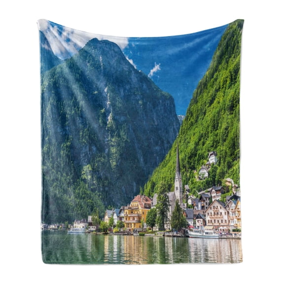 Landscape Soft Flannel Fleece Blanket, Natural View of Hallstatt in Austria Mountains Forest Town Houses Clear Sky, Cozy Plush for Indoor and Outdoor Use, 60" x 80", Green Blue White, by Ambesonne