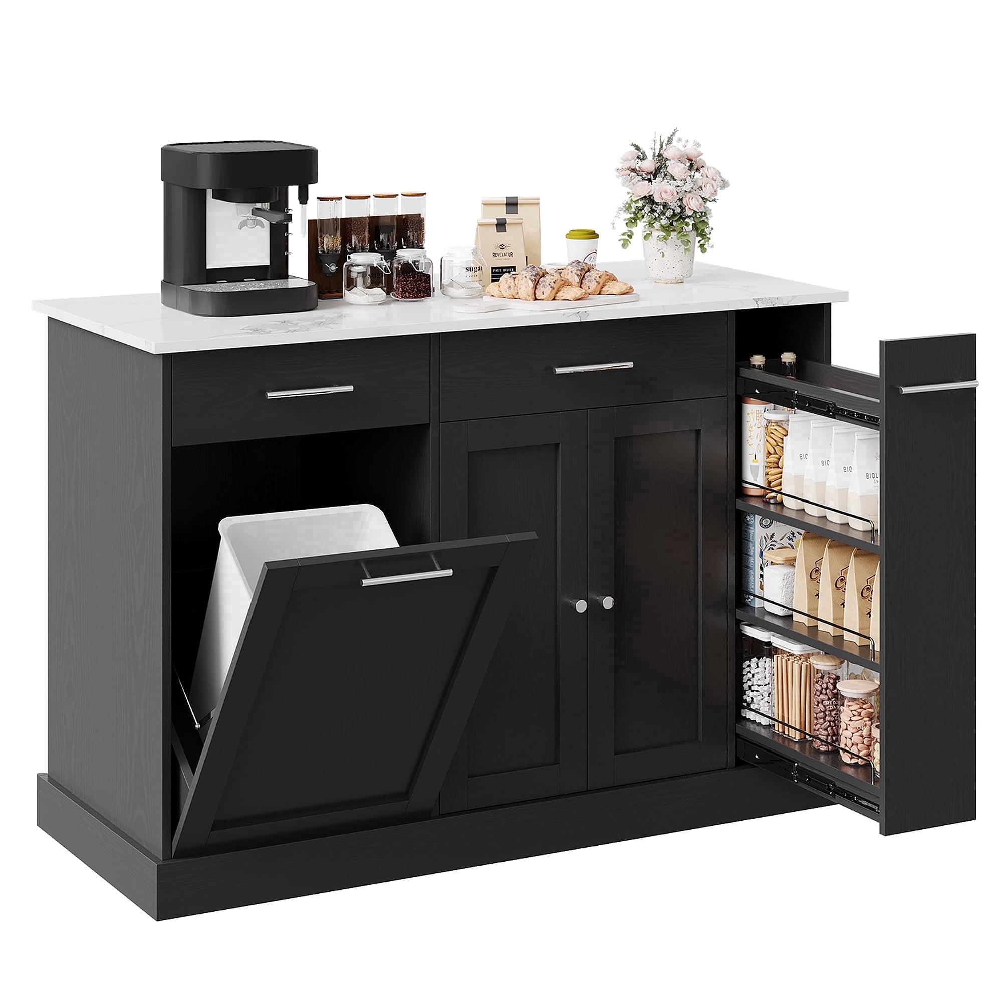 DreamCurship 52" Kitchen Island with Storage, Rolling Kitchen Cart Island with Wheels, Tilt Out Kitchen Trash Cabinet 10 Gallon Storage, 3 Large Spice Racks and 2 Drawers, Black and Marble