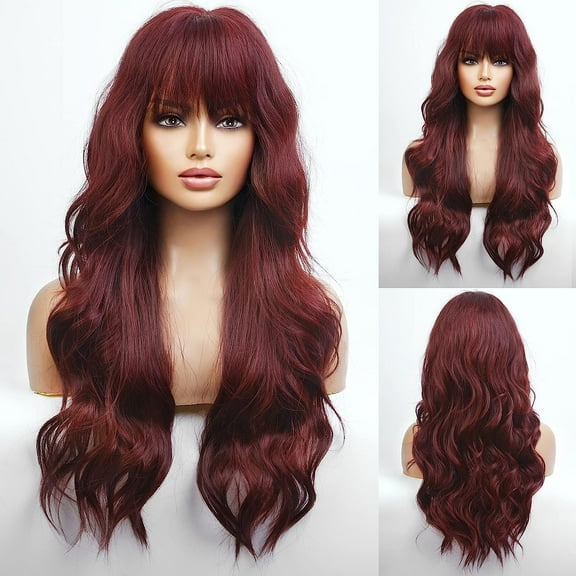 DOPI Long Auburn Wig with Bangs Layered Curly Orange Wigs for Women Natural Synthetic Wigs for Daily Use