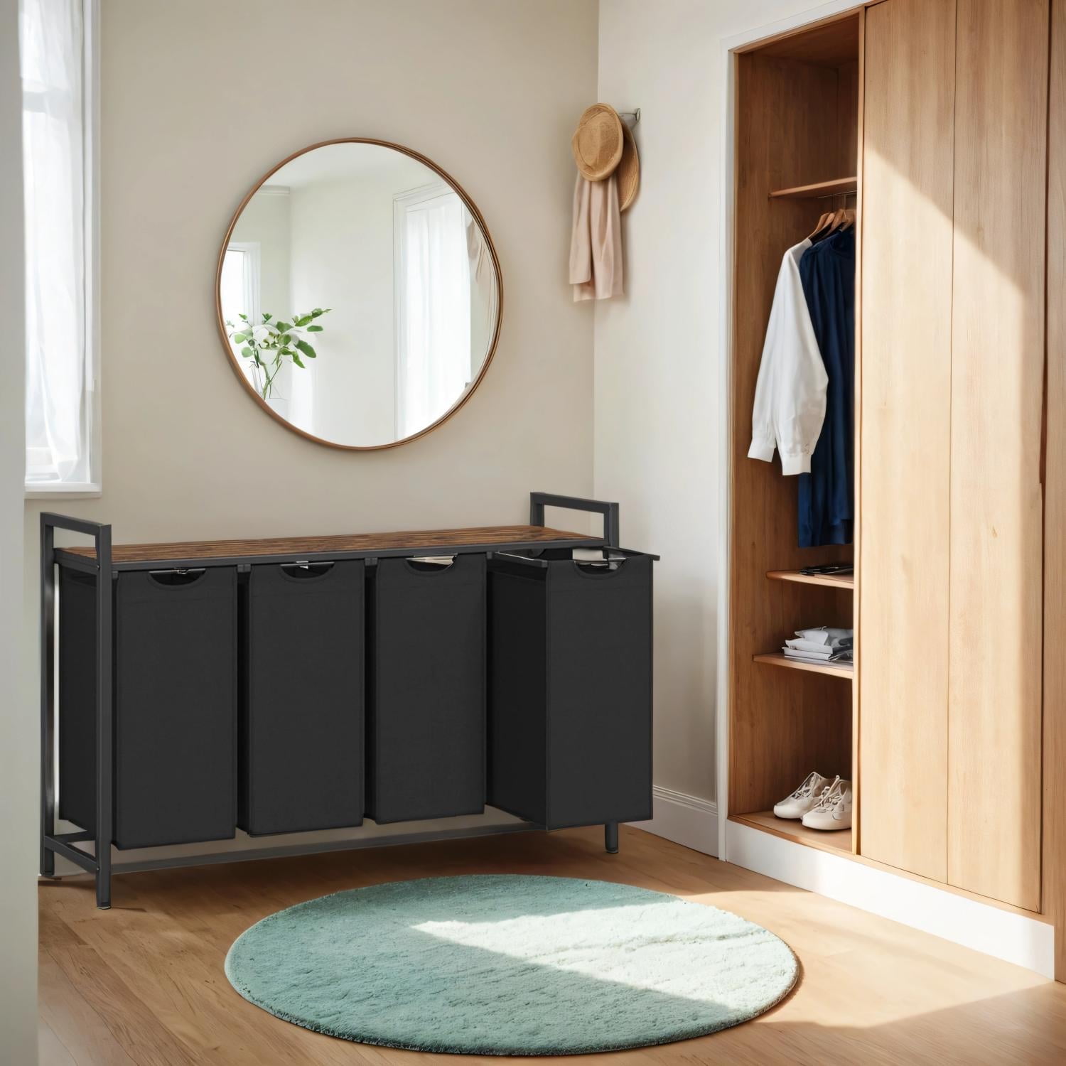 LEDREM 4-Compartment Laundry Sorter with Shelf, 42.2 Gallon Capacity, Removable Bags & Steel Frame, Ink Black and Rustic Brown