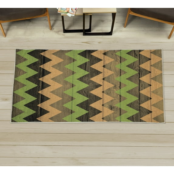 Chevron Decorative Rug, Zig Zag Lines Pattern on Wooden Looking Background Rustic Home Print, Quality Carpet for Bedroom Dorm and Living Room, 6 Sizes, Sand Brown, by Ambesonne