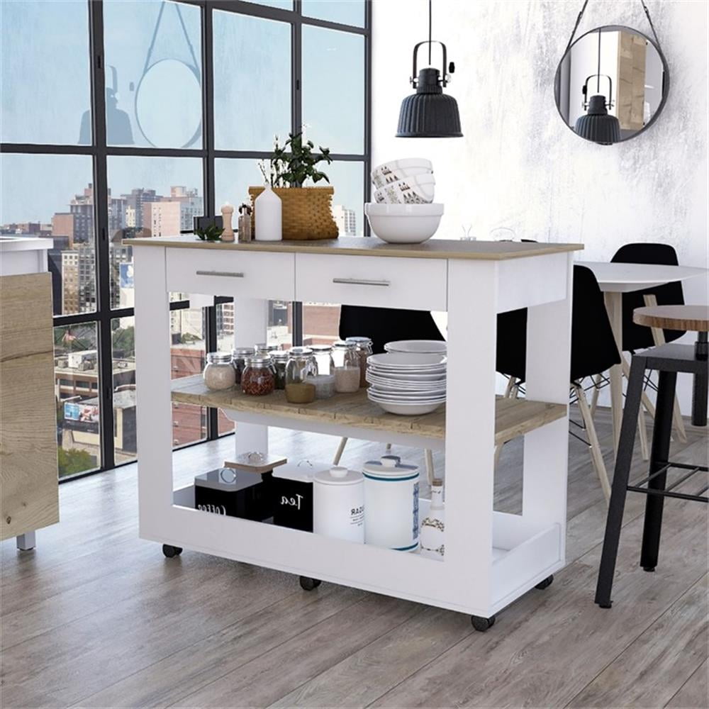 FM FURNITURE Brooklyn 46 Kitchen Island with Two Drawers Engineered Wood White