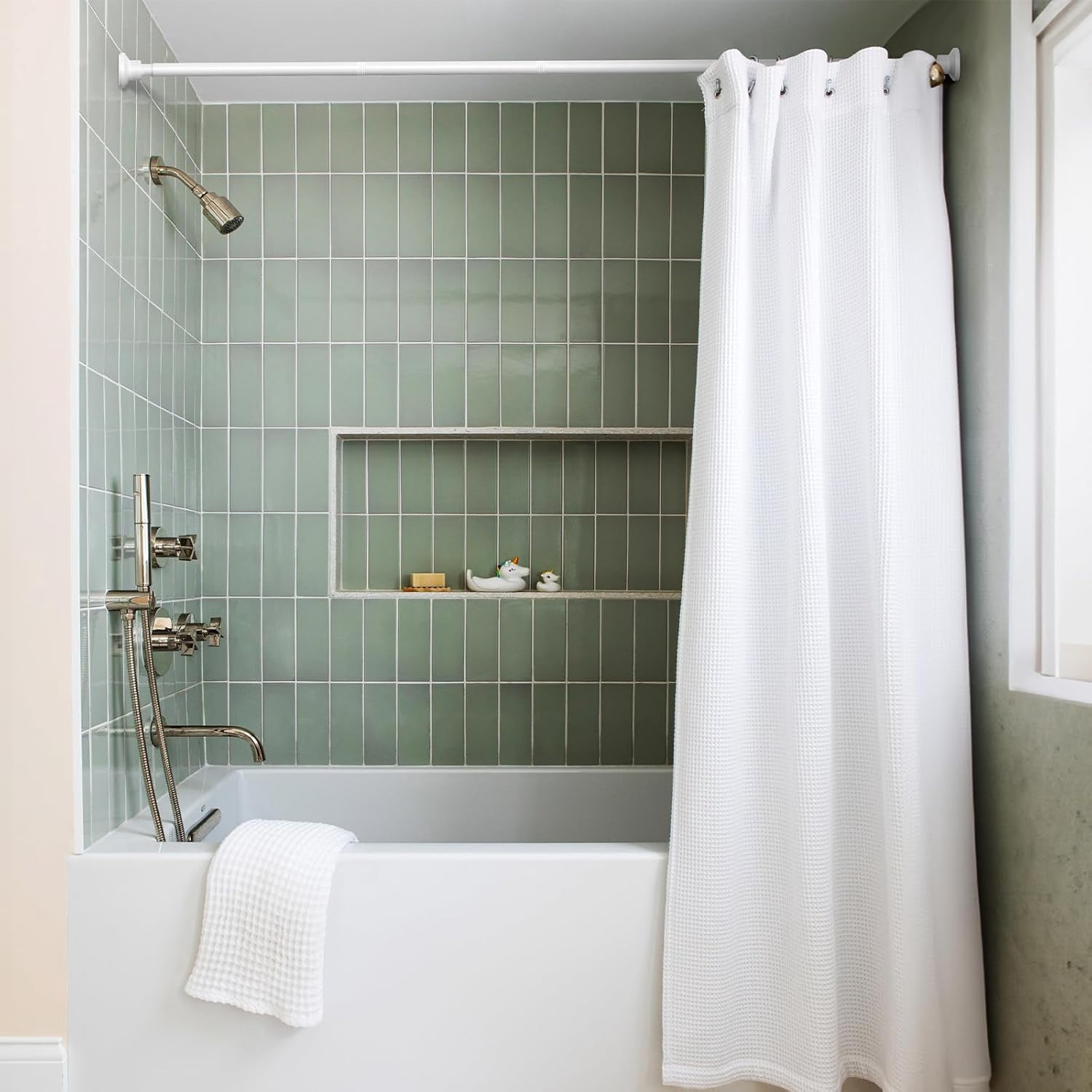 Tension Shower Rod 29-63 Inch, 1 Inch Diameter White Tension Curtain Rod Adjustable Curtain Rod Non-Drilling, Anti-Slip Tension Rod, Anti-Rust Shower Curtain Rod