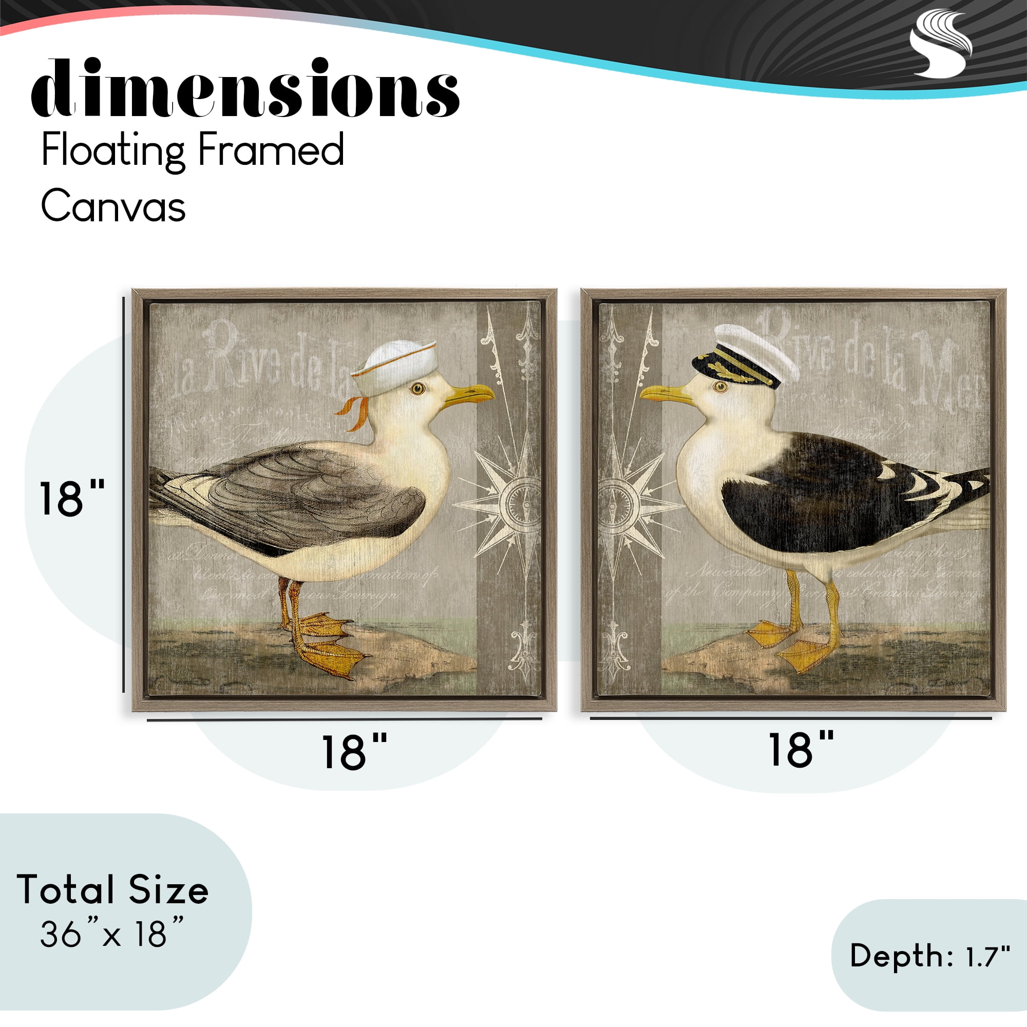 Stupell Industries Little Seagulls with Hats 2 Piece Brown Framed Floater Canvas Set, design by Suzanne Nicoll